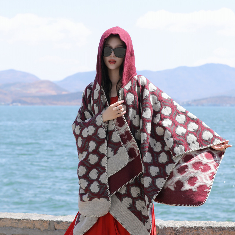 Artistic Retro Style Thickened Hooded Scarf for Women Spring and Autumn New Ethnic Style Shawl Yunnan Dali Travel Wear