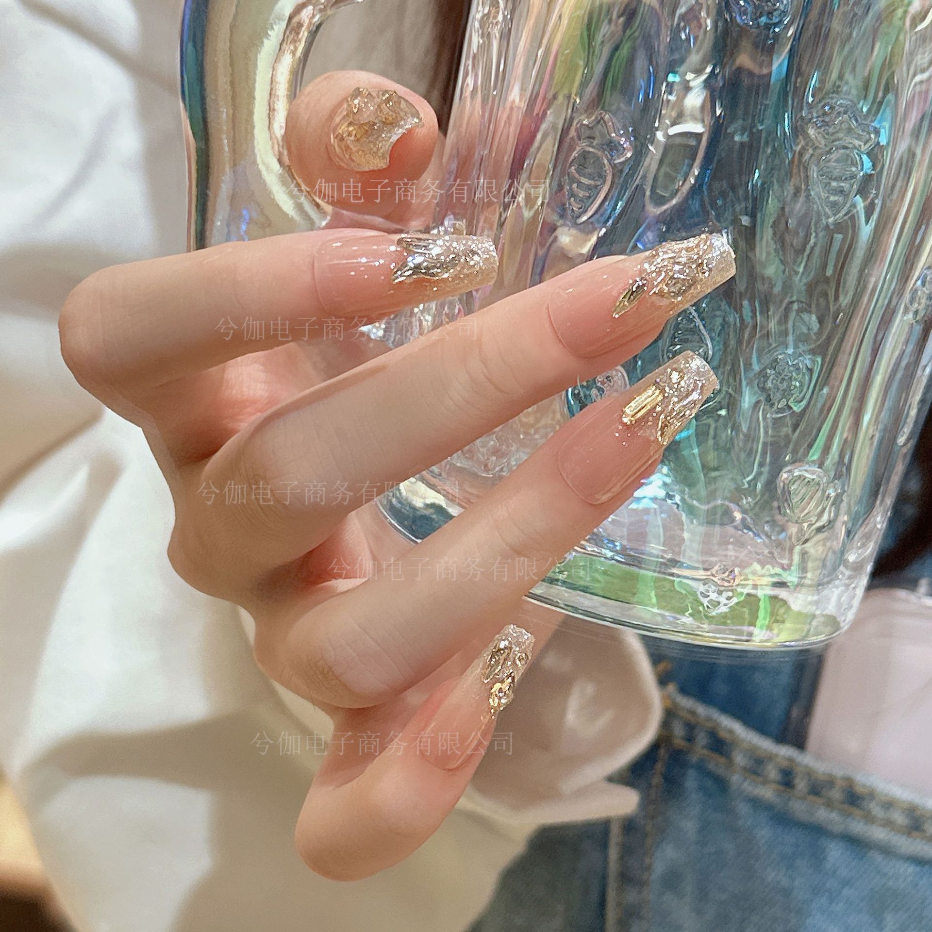 气氛感爆闪香槟金气质显白穿戴美甲贴片成品学生穿戴甲新娘指甲片