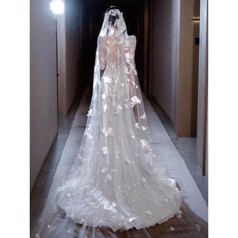 主婚纱鱼尾裙轻婚纱礼服2023新款新娘重工拖尾短袖小个子出门主女