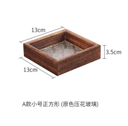 Creative Wooden Rectangular Begonia Embossed Glass Plate Tea Tray Solid Wood Photography Props Rectangular Storage Plate Dish