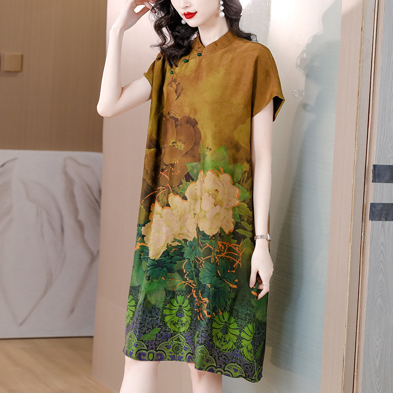 New Chinese Cheongsam Gambiered Guangdong Silk Dress 2023 New Retro Color Mid-Length Mulberry Silk Silk Dress