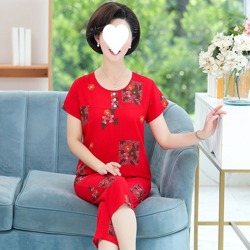中老年棉绸套装女妈妈睡衣夏季绵绸家居服老人宽松短袖七分裤套装