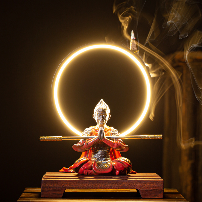 中式齐天大圣孙悟空摆件禅意灯圈倒流香炉客厅办公室玄关桌面装饰