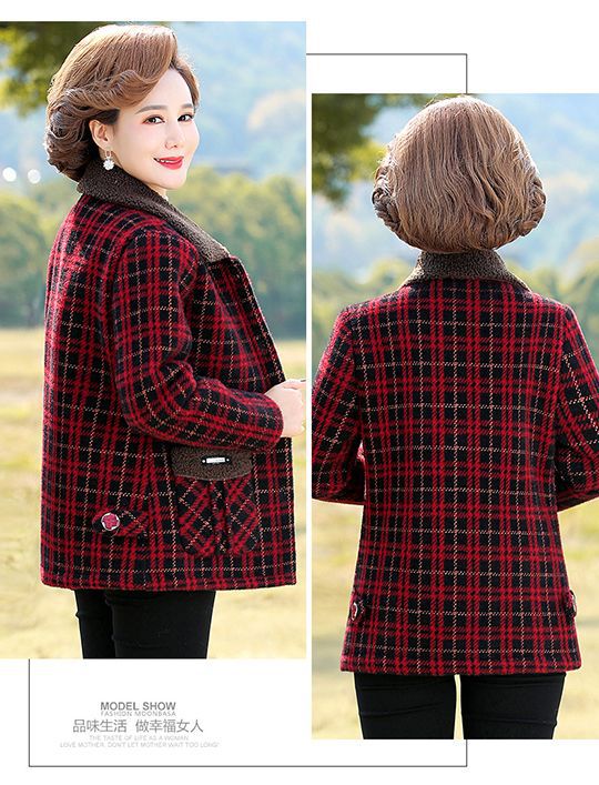 秋冬新款水貂绒棉衣高贵中老年人加绒加厚时尚洋气妈妈装格子外套