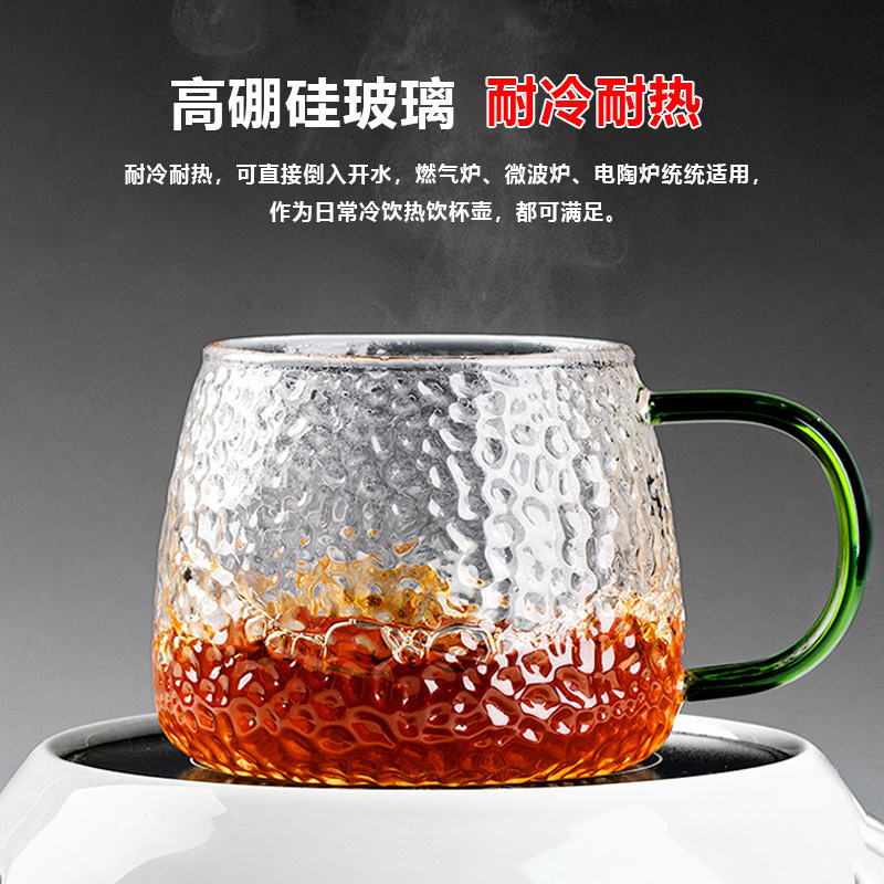 Hammered Pattern Glass Heat-Resistant Explosion-Proof Hammer Pattern Breakfast Cup Household Scented Tea Cup Handle Water Cup Color Handle Glass Coffee Cup