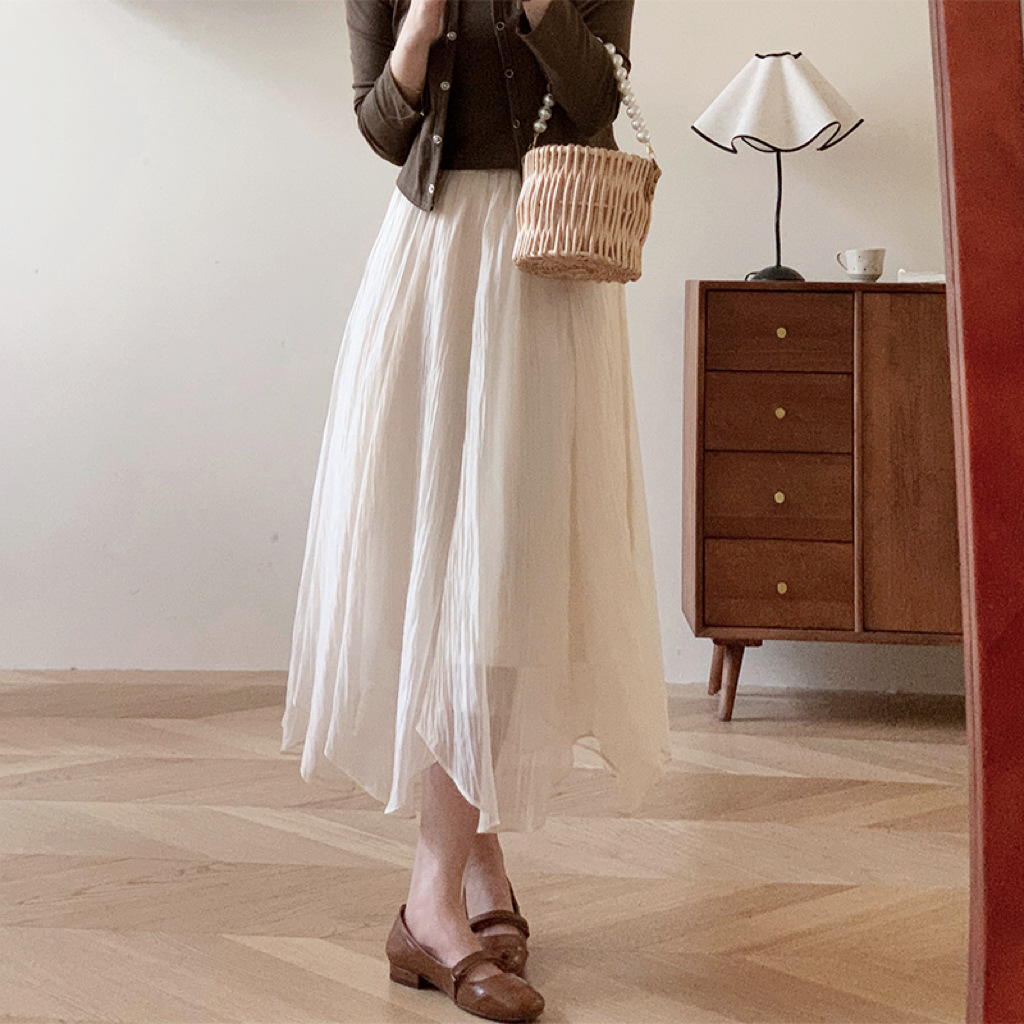 不规则米色纱裙半身裙女夏设计感高腰字仙女网纱不规则长裙-阿里巴巴