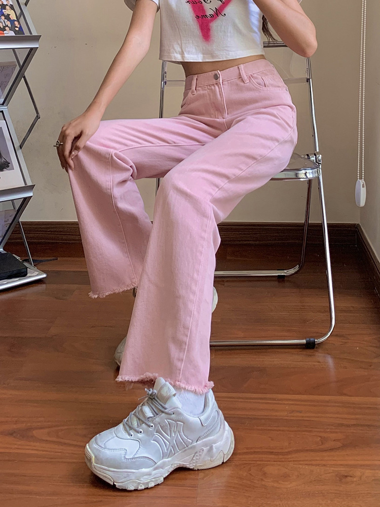 牛仔粉色长裤图片