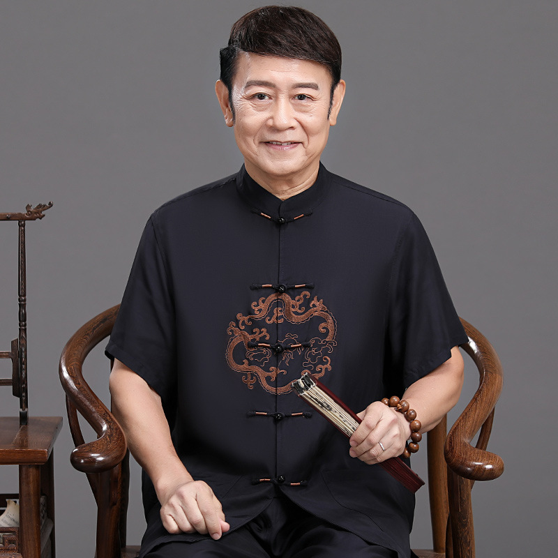 中老年爷爷夏季男士爸爸衬衫短袖绸缎桑蚕丝男中国风唐装真丝套装