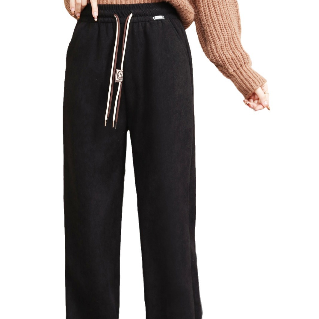 Narrow Chenille Wide-Leg Pants Thickened Autumn and Winter Small Straight Drooping Casual Corduroy Pants Women Fleece-Lined