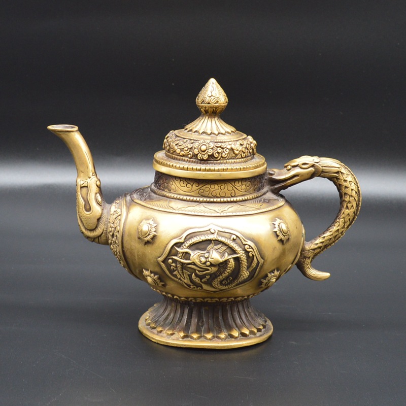 铜壶摆件黄铜龙头手提壶家居办公室仿古做旧装饰品客厅复古工艺品