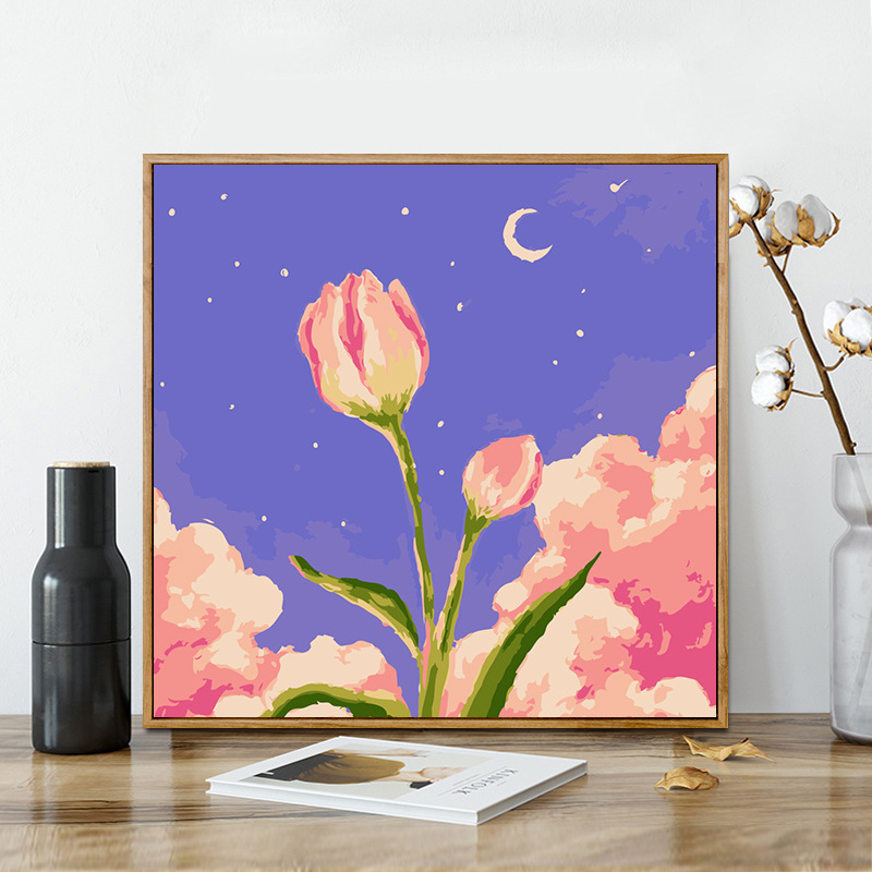 儿童数字油画20*20绷框花卉diy油画填色小清新油彩画手绘装饰画