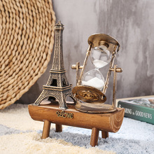 创意复古巴黎铁塔沙漏摆件学生礼物木质树桩沙漏装饰摆件批发厂家