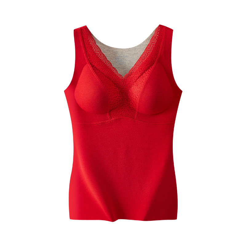 德绒羊绒保暖背心女加绒加厚本命年大红色文胸带胸垫打底上衣冬季