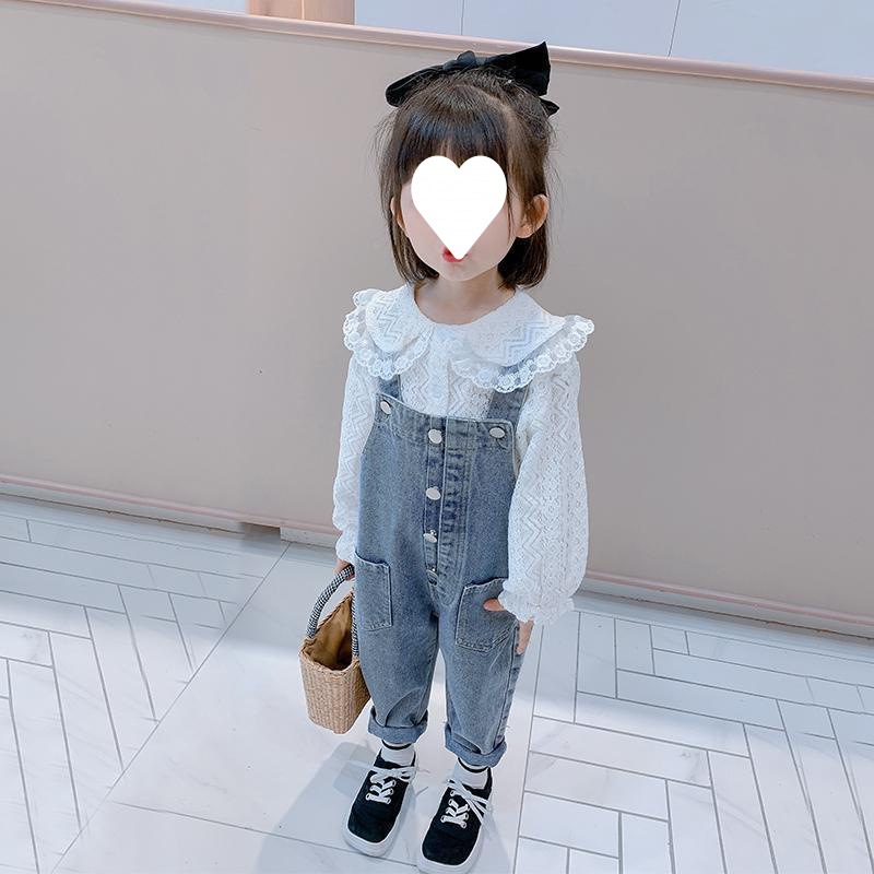 女童秋季新款背带裤两件套小女孩蕾丝上衣儿童宝宝牛仔休闲宽松裤