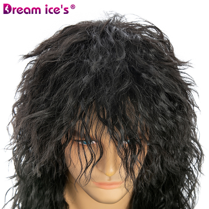 欧美时尚速卖通男士中长款卷发摇滚表演嘻哈化纤哑光自然假发头套