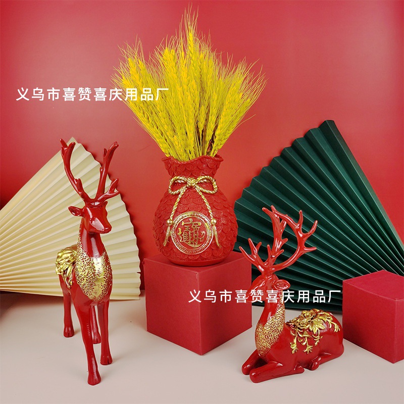 Red Lucky Bag Large Wheat Vase Creative Resin Craft Ornament Living Room Entrance Decorations Housewarming Gift