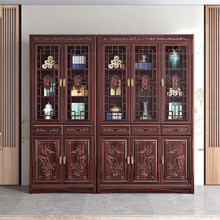 2I新中式实木书柜红木现代古典家用书房一体整墙带玻璃门储物柜书