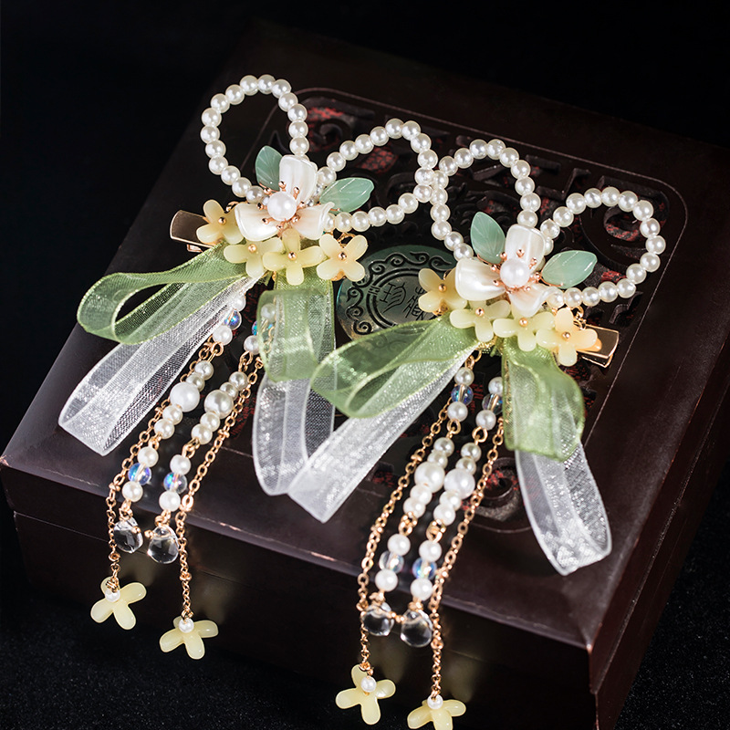 汉服头饰流苏摇风发花朵9gf174对发夹步古风18珍珠蝴蝶蝴蝶结夹发