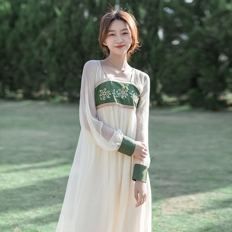夏季文艺复古国风古风齐胸汉服改良连衣裙女汉元素少女过膝长裙潮