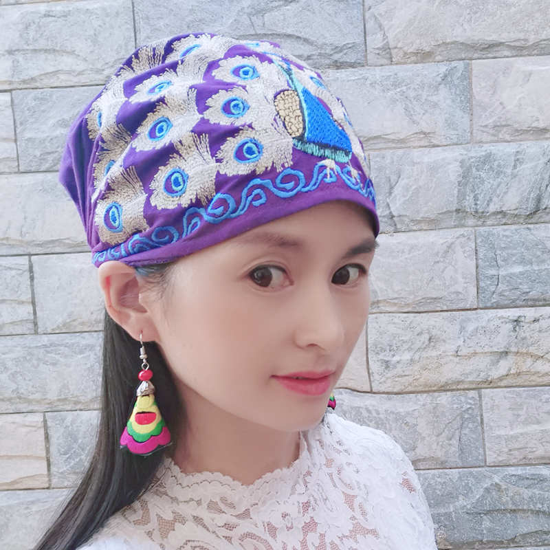 民族风绣花薄款棉麻帽子女帽孔雀开屏绣花帽子系带头巾帽包头帽子