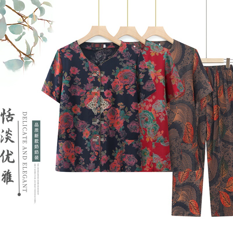 奶奶夏装绵绸两件套中老年人女装妈妈春夏短袖衬衫老太太t恤套装