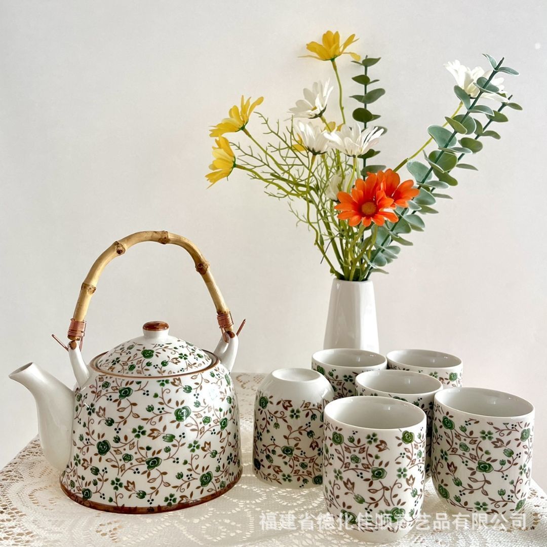 Cross-Border Floral Loop-Handled Teapot Single Teapot Ceramic Large Capacity Tea Set Teapot with Filter Coffee Household Tea Set