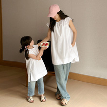 韩范休闲宽松简约亲子装圆领白色衬衫女童夏季设计感小众母女装潮