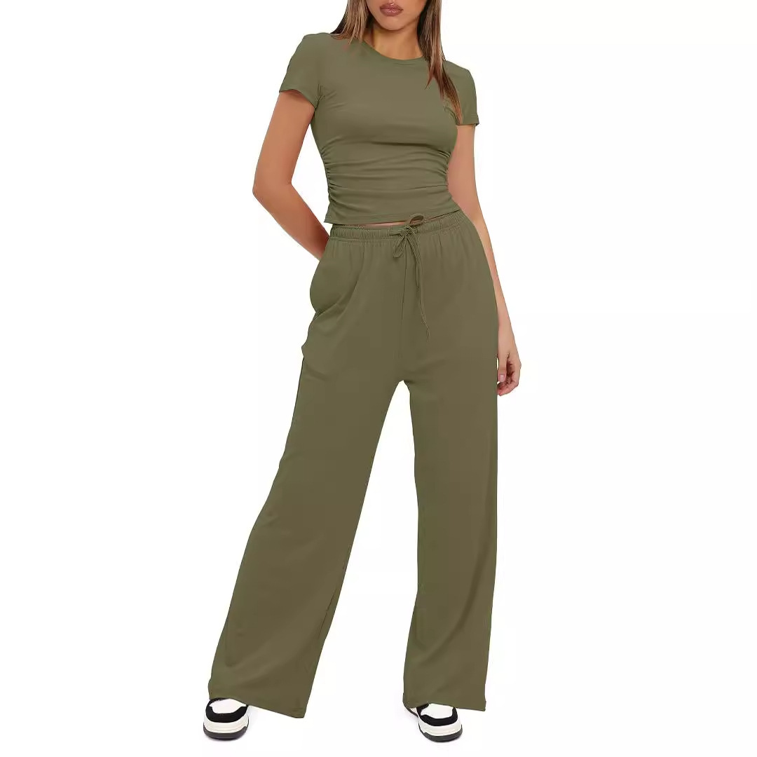 European and American New Amazon Women's 2-Piece Casual Suit Pleated Short-Sleeved Top High Waist Wide Leg Pants Sportswear Women Clothes