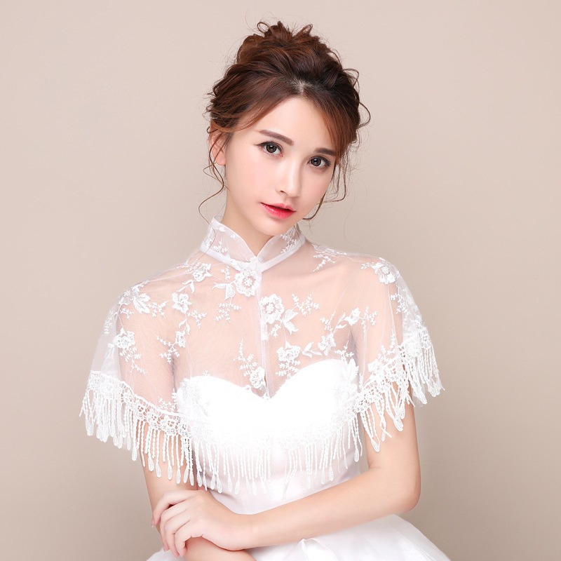 新娘夏季薄款立领披肩 婚纱礼服旗袍蕾丝小斗篷 高领流苏结婚外搭