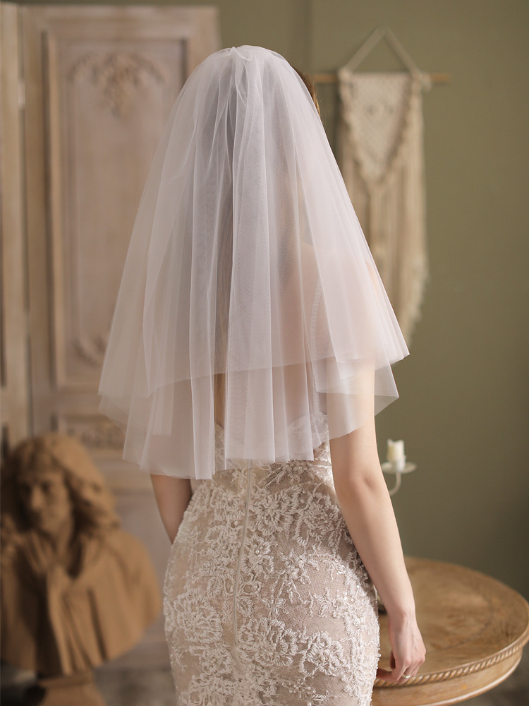 新娘婚纱头纱双层裸纱素纱结婚短头纱派对婚纱简约头纱拍照