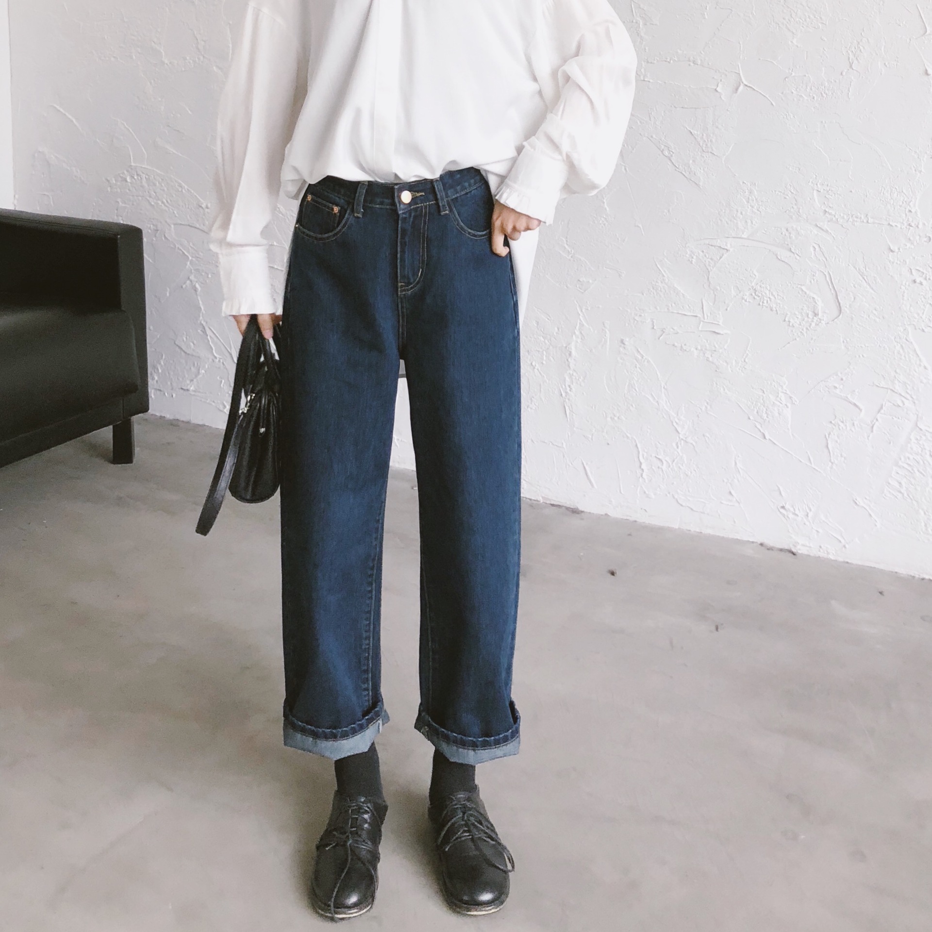 要自留的显瘦复古深蓝卷边大裤腿直筒裤牛仔裤