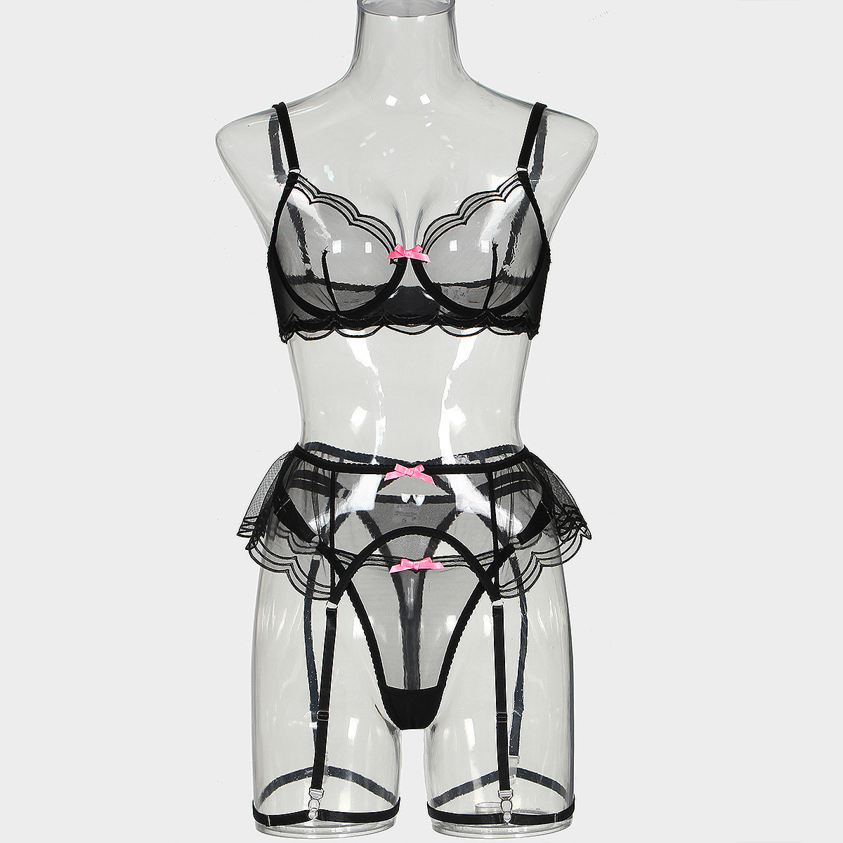 European and American Fashion New See-through Mesh Bow Sexy Lingerie Garter Sexy Four-Piece Set