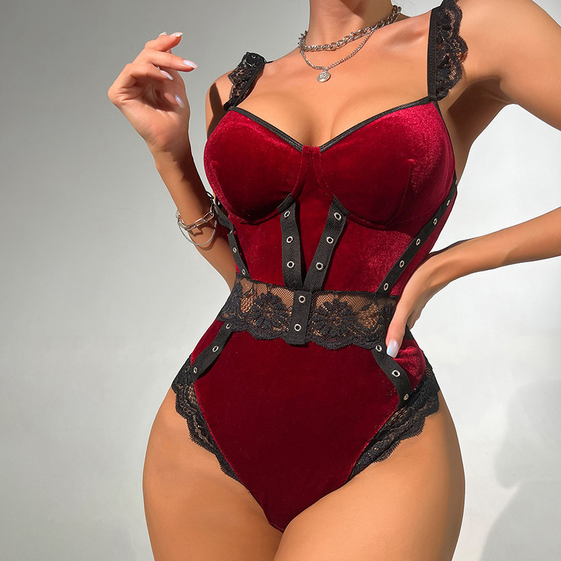 French Sexy Lingerie Velvet Fabric Lace Edge Banding Sexy Deep V Jumpsuit Wine Red Hot Flirting in Stock