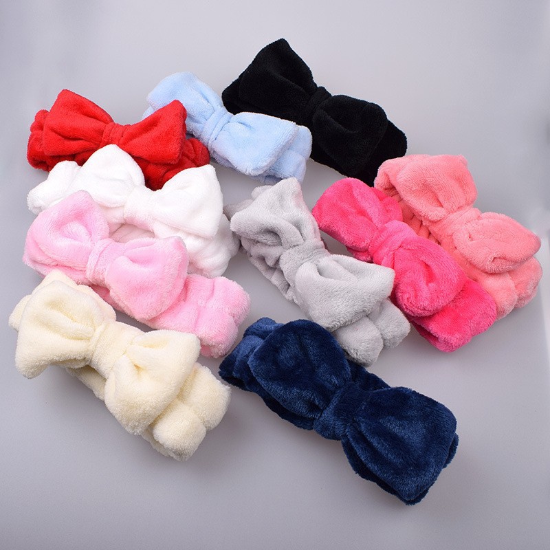Simple Solid Color Coral Fleece Bow Hair Band Plush Headband Women's Makeup Remover Washing Face Hair Band Beauty Elastic Hair Accessories