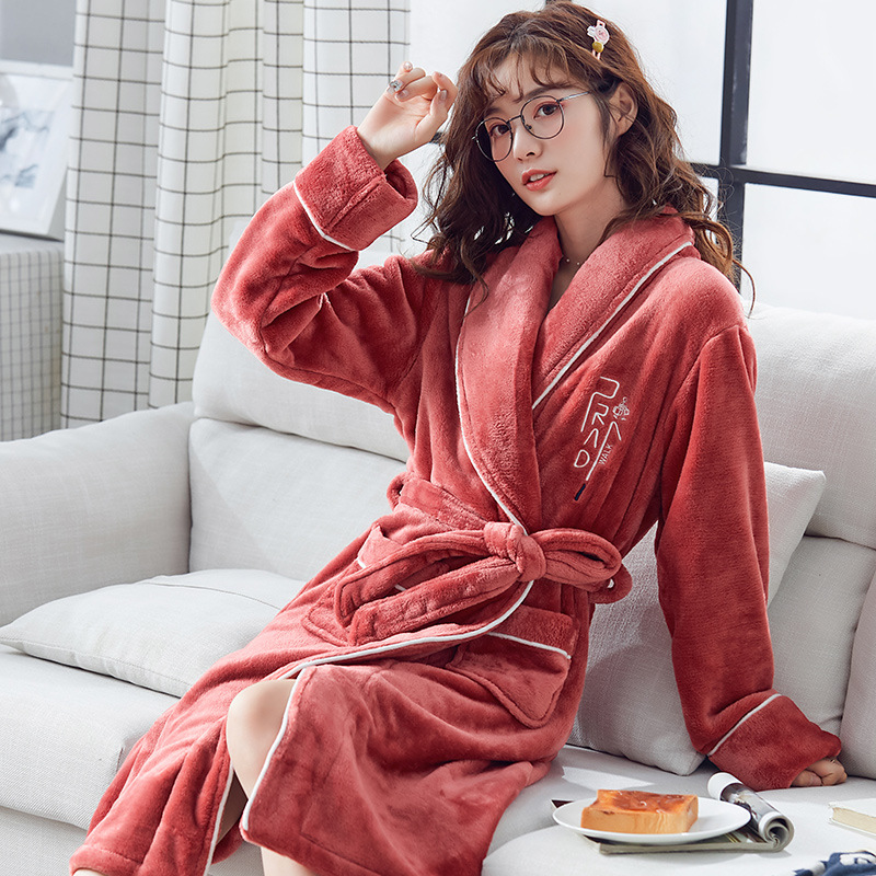 珊瑚绒睡衣女秋冬季加厚保暖浴袍女长款法兰绒睡袍大码家居服春秋