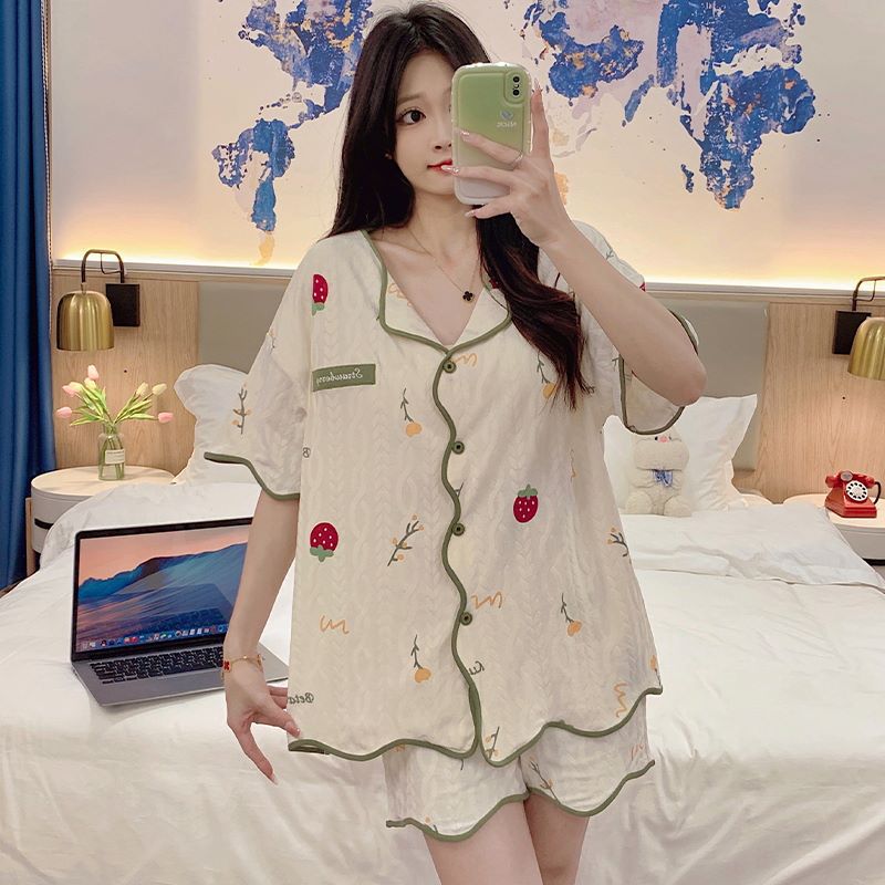 Internet Hot Cardigan Pajamas Women's Cotton Short Sleeve Short Belt Chest Pad Outerwear Homewear Suit 2024 Summer