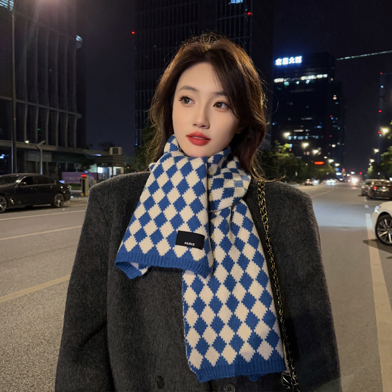 Diamond Plaid Scarf for Women New Japanese Style Cashmere-like Plaid Knitted Shawl Autumn and Winter Wild Warm Couple Scarf