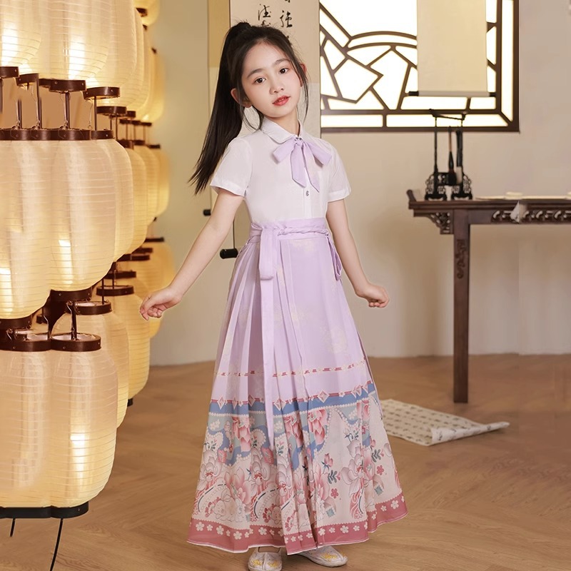 紫色马面裙女童原创儿童汉服百褶裙子中国风半身裙古风古装公主裙