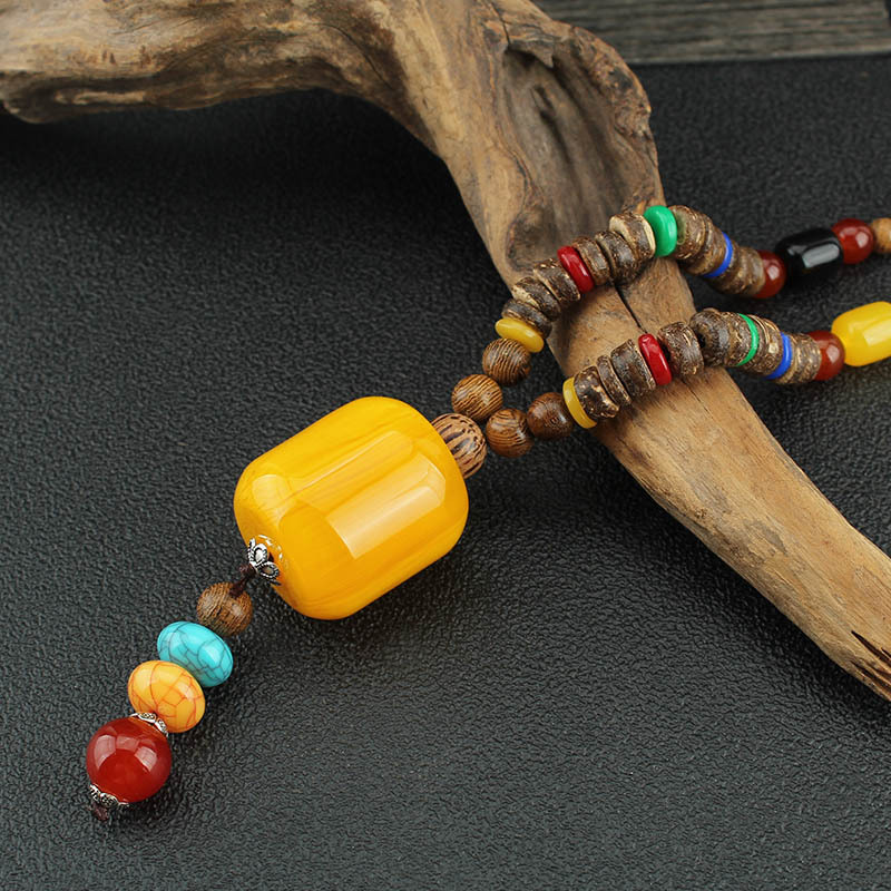 Ethnic Style Imitation Beeswax Pendant Necklace Men's and Women's Wooden Wooden Bead Long Sweater Chain Retro Literary Couple Ornament