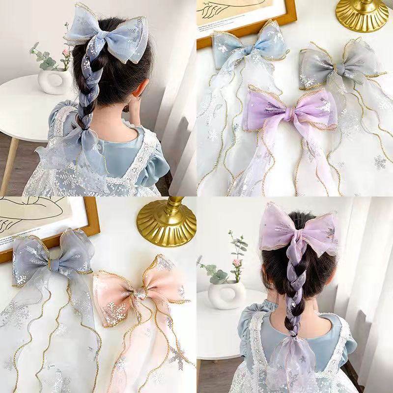 New Children's Hair Accessories Frozen Princess Bowknot Barrettes Korean Girls Veil Ribbon Mesh Hair Clip Headdress