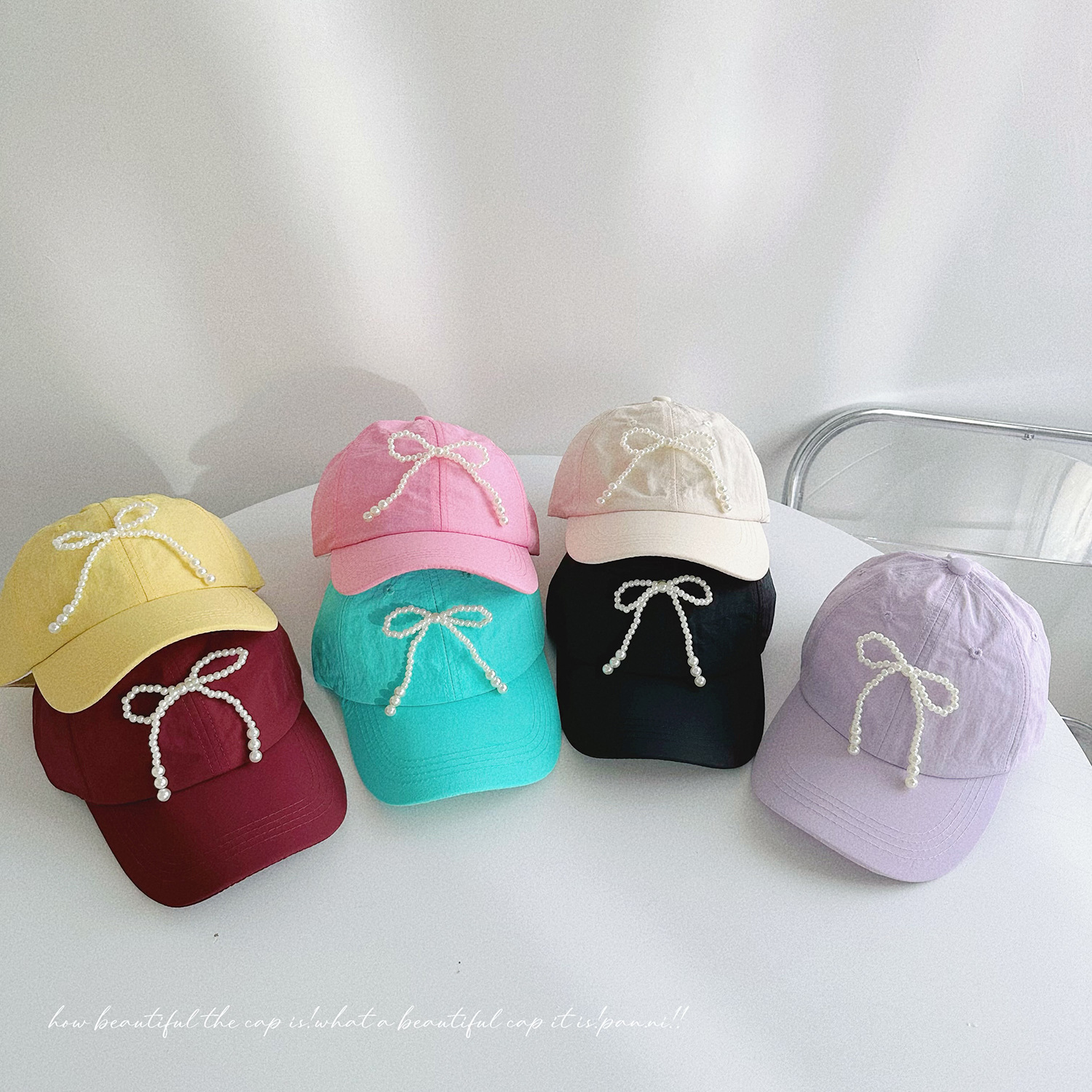 韩版chic甜美帽子女童公主范手工珍珠蝴蝶结棒球帽速干儿童鸭舌帽