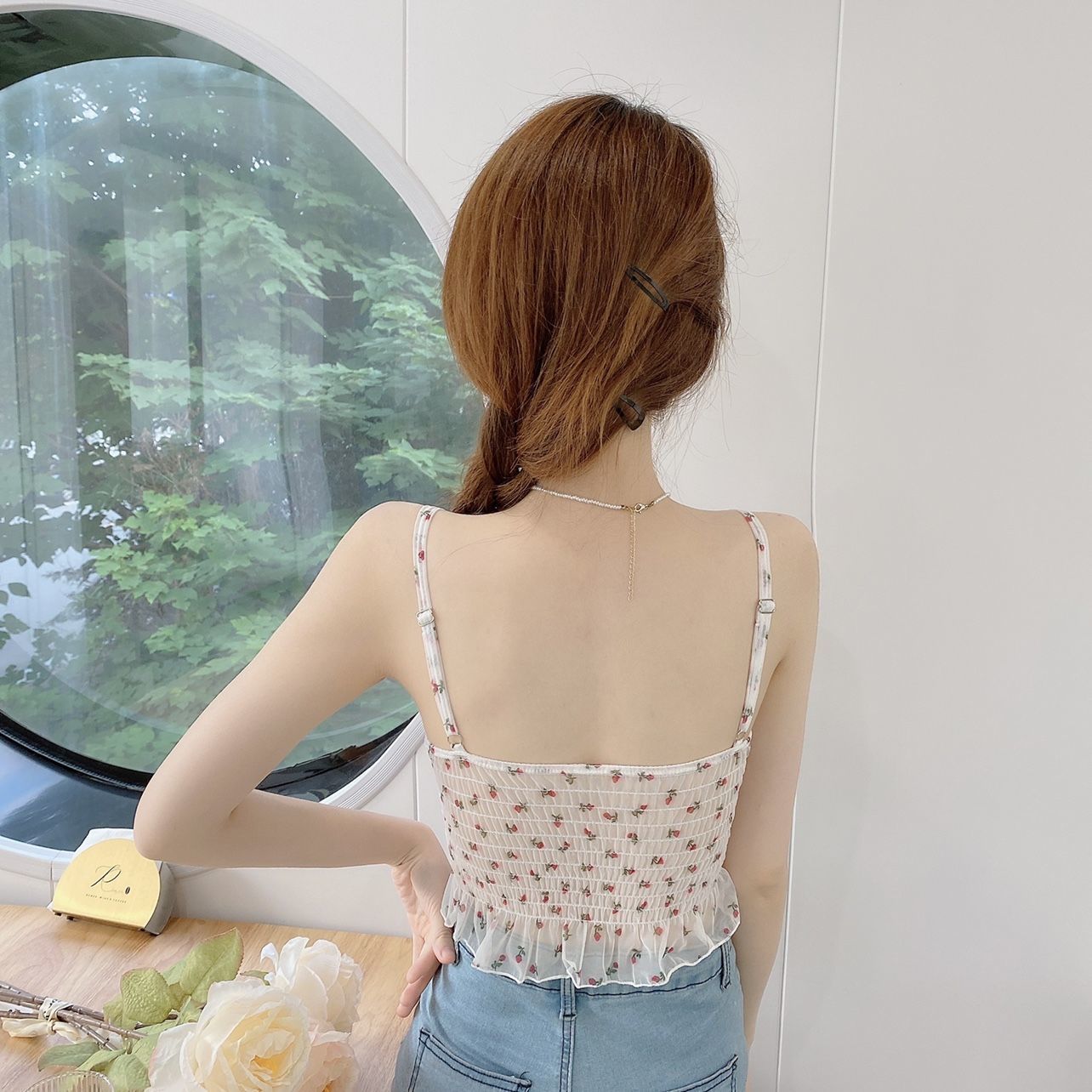 夏季少女小清新吊带百搭碎花背心带胸垫纯欲打底外穿内衣吊带抹胸