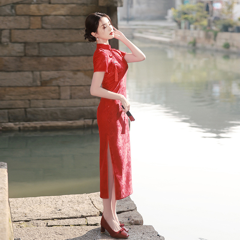 仟金夏季新款国风订婚送考提花中长款红色气质显瘦宴会婚礼旗袍