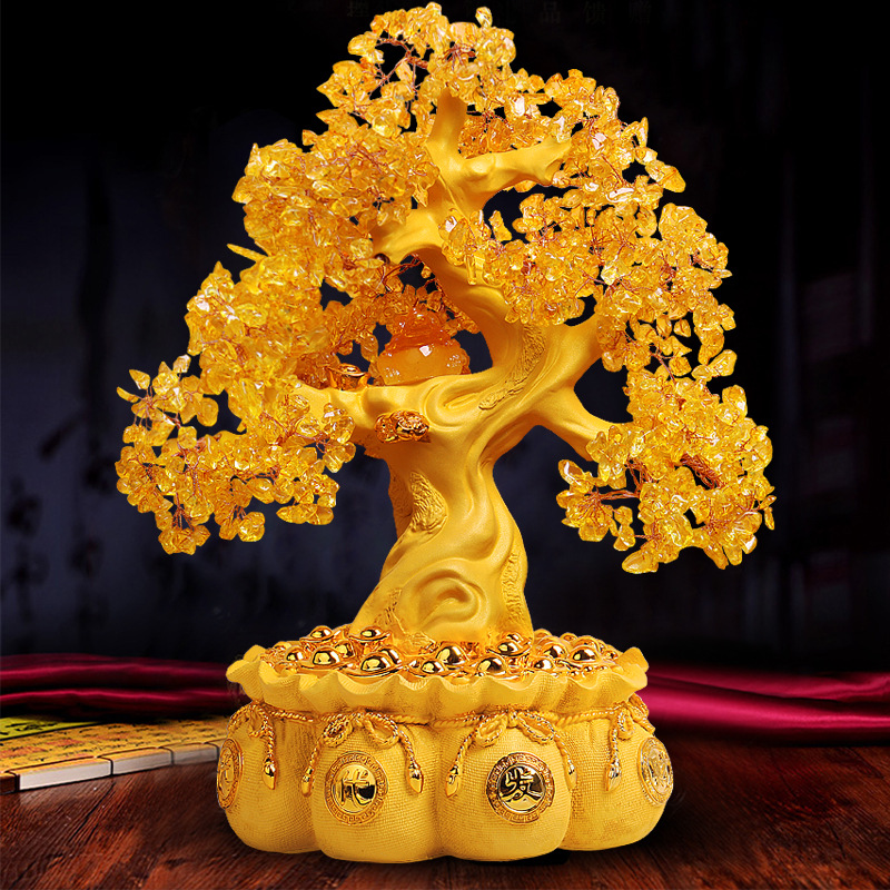聚宝盆招财黄水晶发财树酒柜装饰品摆件客厅电视柜摇钱树开业礼品