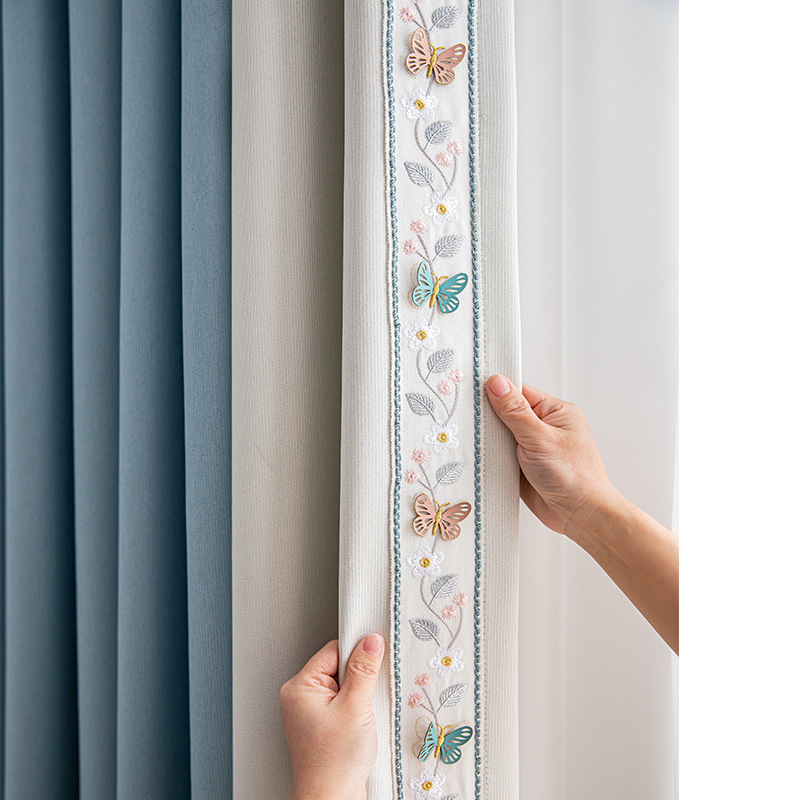 春蝶花边拼接窗帘布厚棉麻卧室遮光客厅成品高档现代简约清新蝴蝶