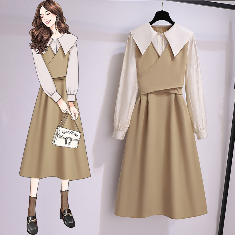 连衣裙女春装2022年新款春季时尚潮流女装设计小众假两件长袖裙子
