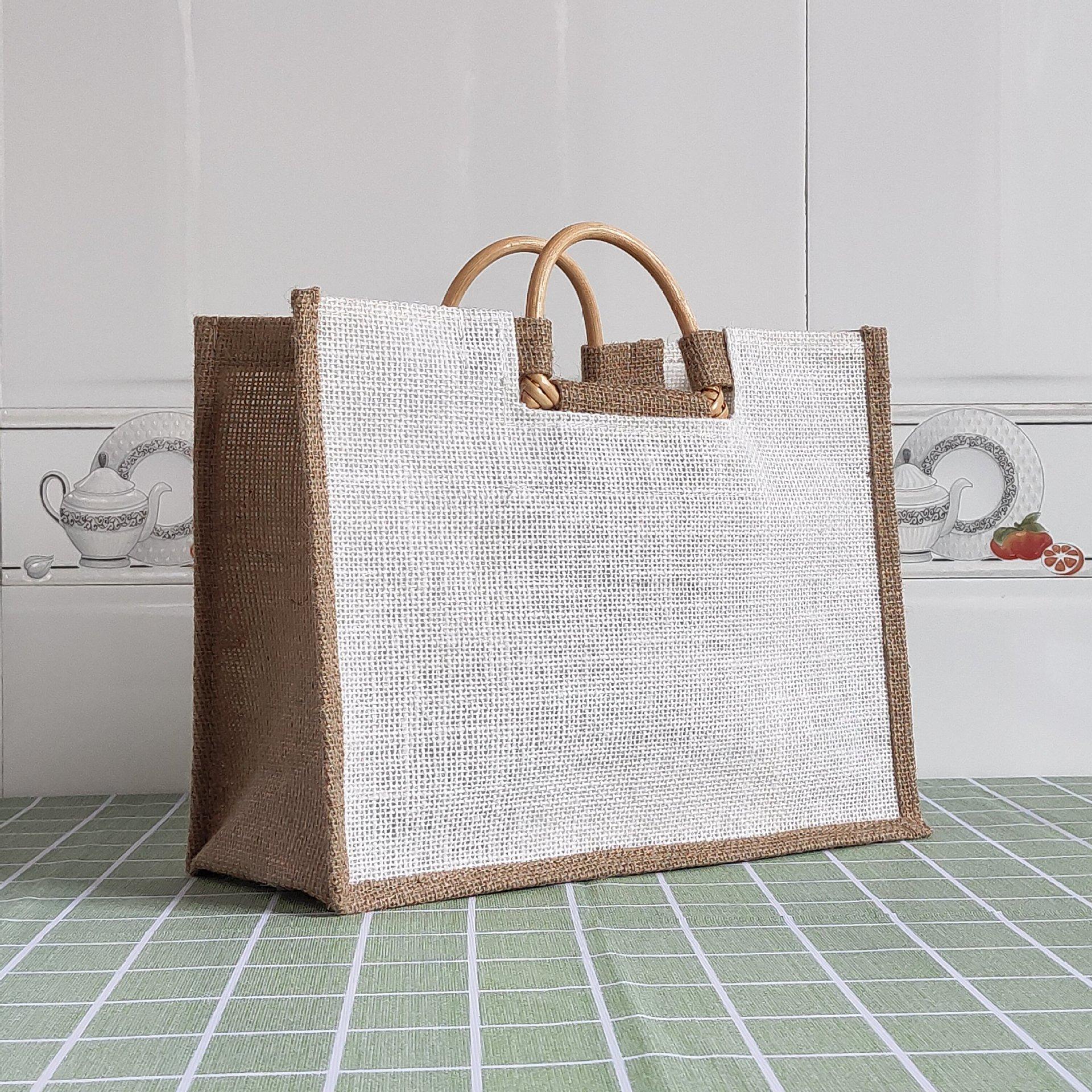 复古竹手提麻布袋制定logo 黄麻布购物袋 现货藤木手提粗麻仿麻袋