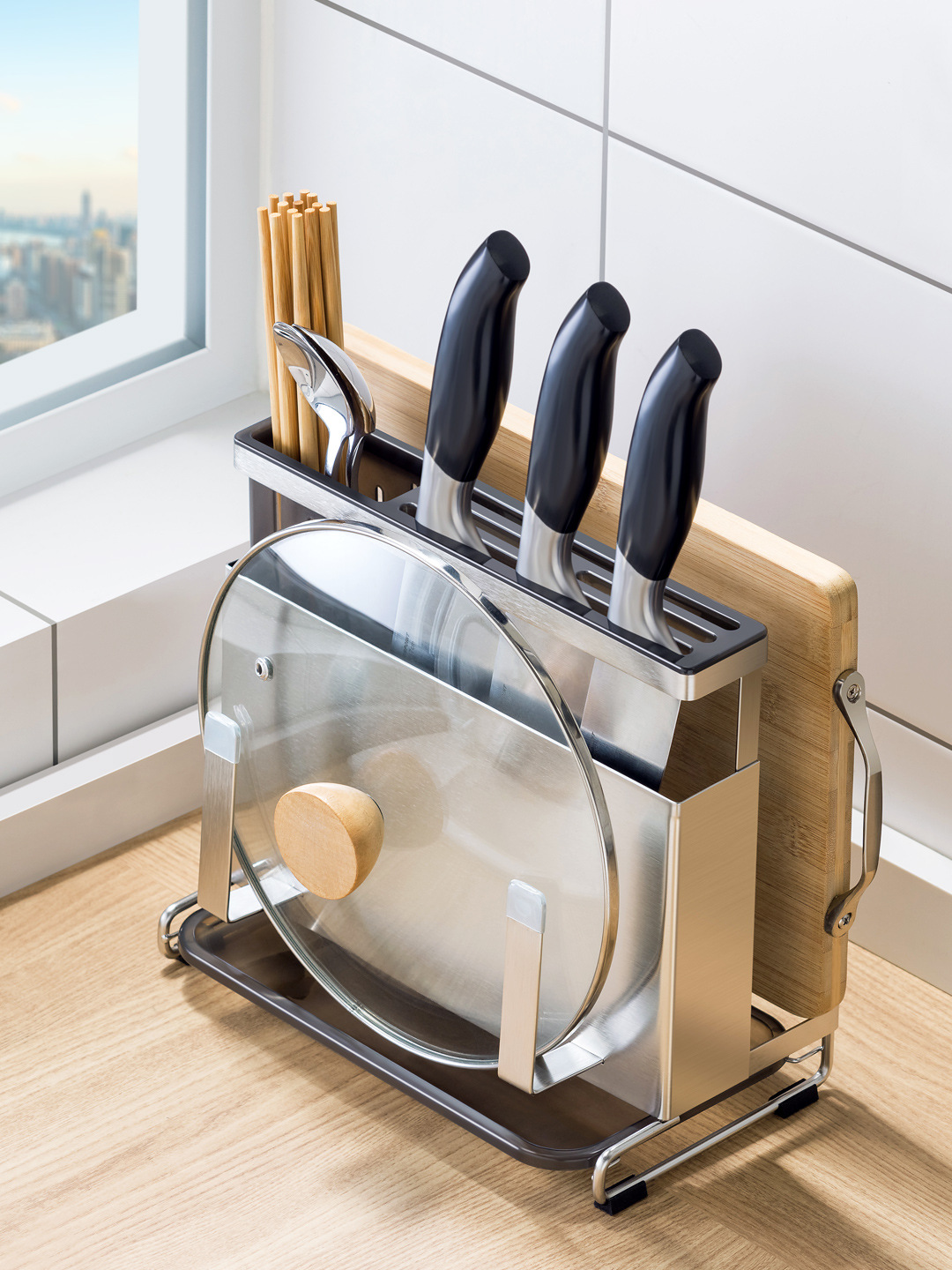 刀架壁挂式不锈钢厨房筷子笼一体菜刀架锅盖置物架刀具菜板收纳架