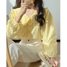 奶黄色长袖衬衫女春季法式复古娃娃领上衣设计感小众奶甜衬衣