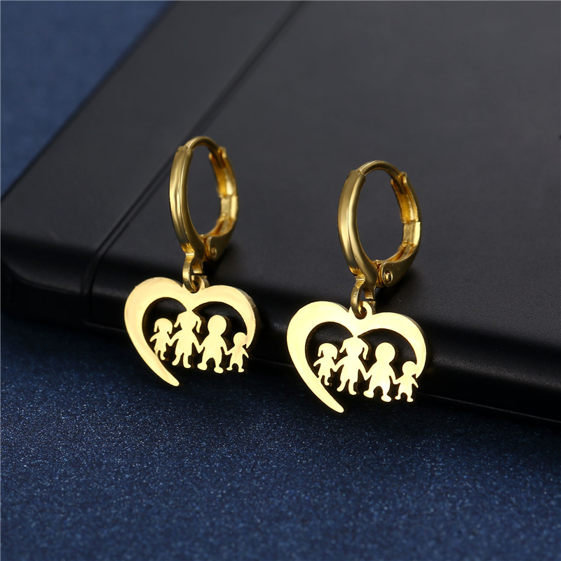 Amazon Popular Earrings Women's Christmas Gift Gold Love Family Series Stud Earrings Stainless Steel Family Portrait Earrings